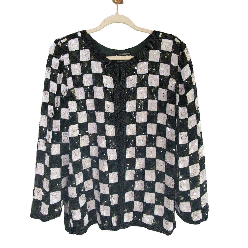 Vintage Joseph Le Bon Sequin Jacket‎ Womens M Black White Checker Party Evening
